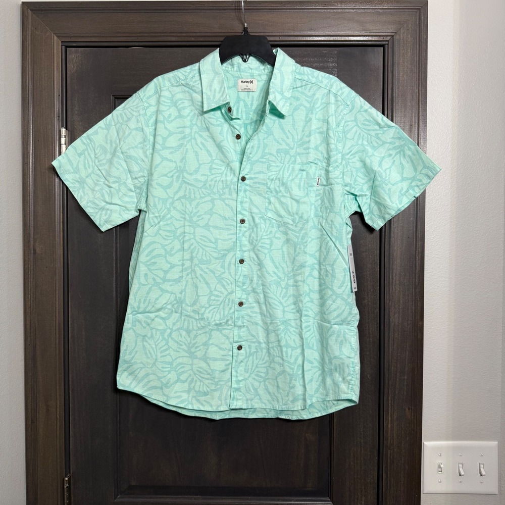 Hurley Light Aqua Green Tropical Print Short Sleeve Button-Down Shirt